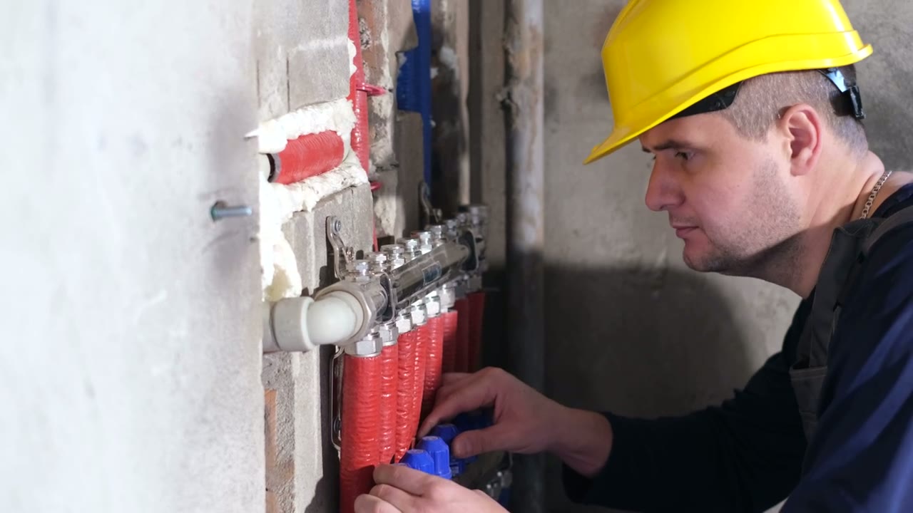 Installateur montiert einen Heizungsverteiler